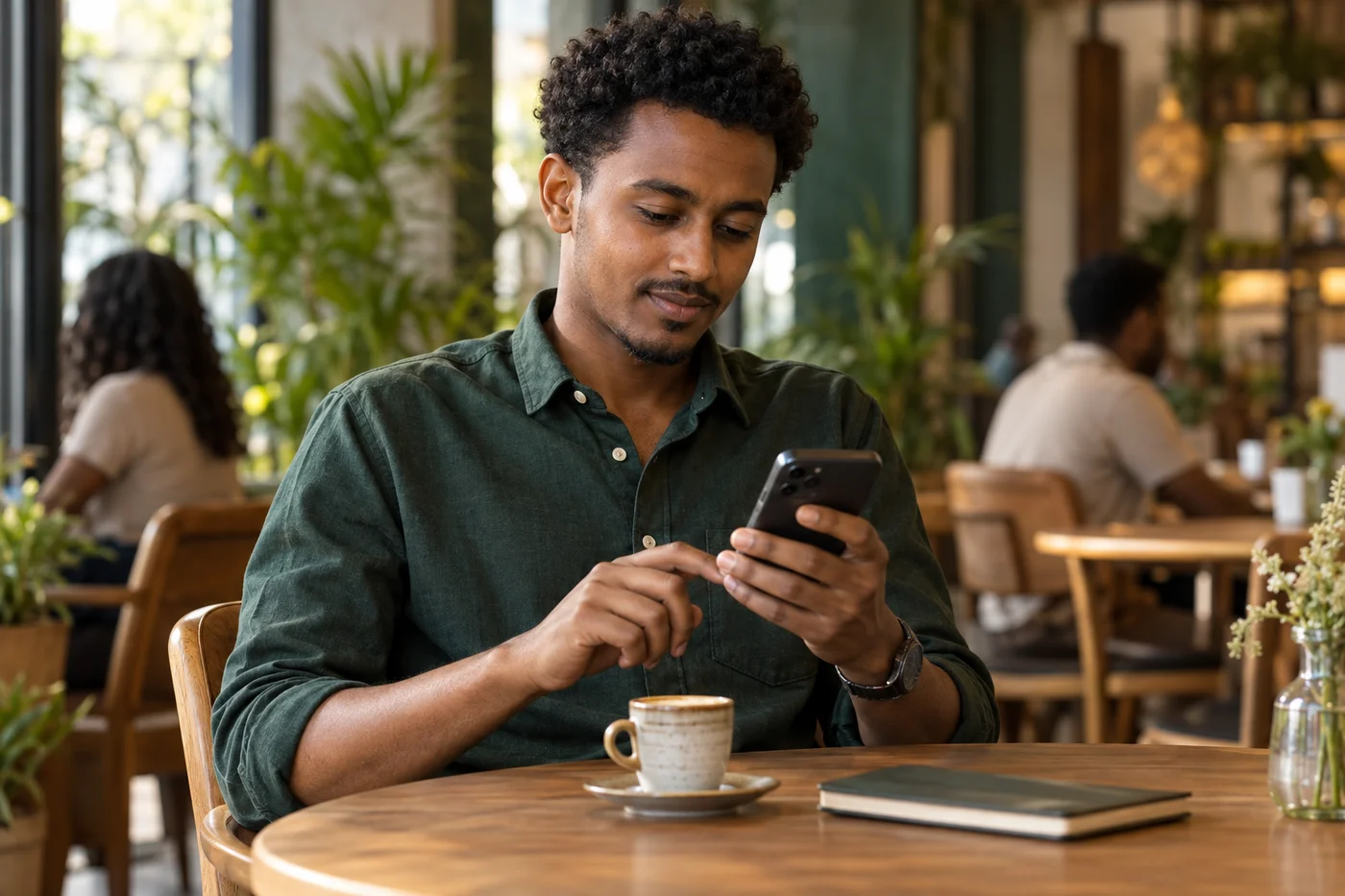An Ethiopian professional reviewing everyday money on a phone