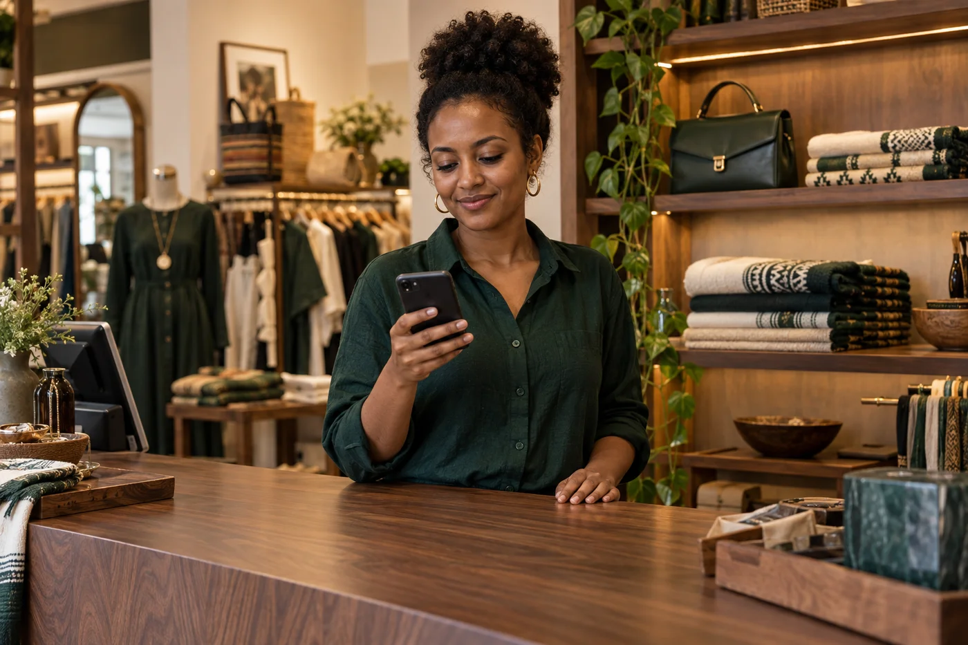 A boutique owner checking her phone at the counter