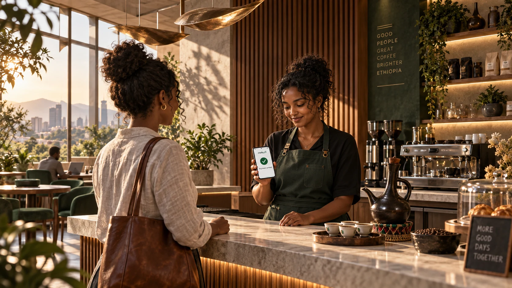 A café staff member confirming a customer payment